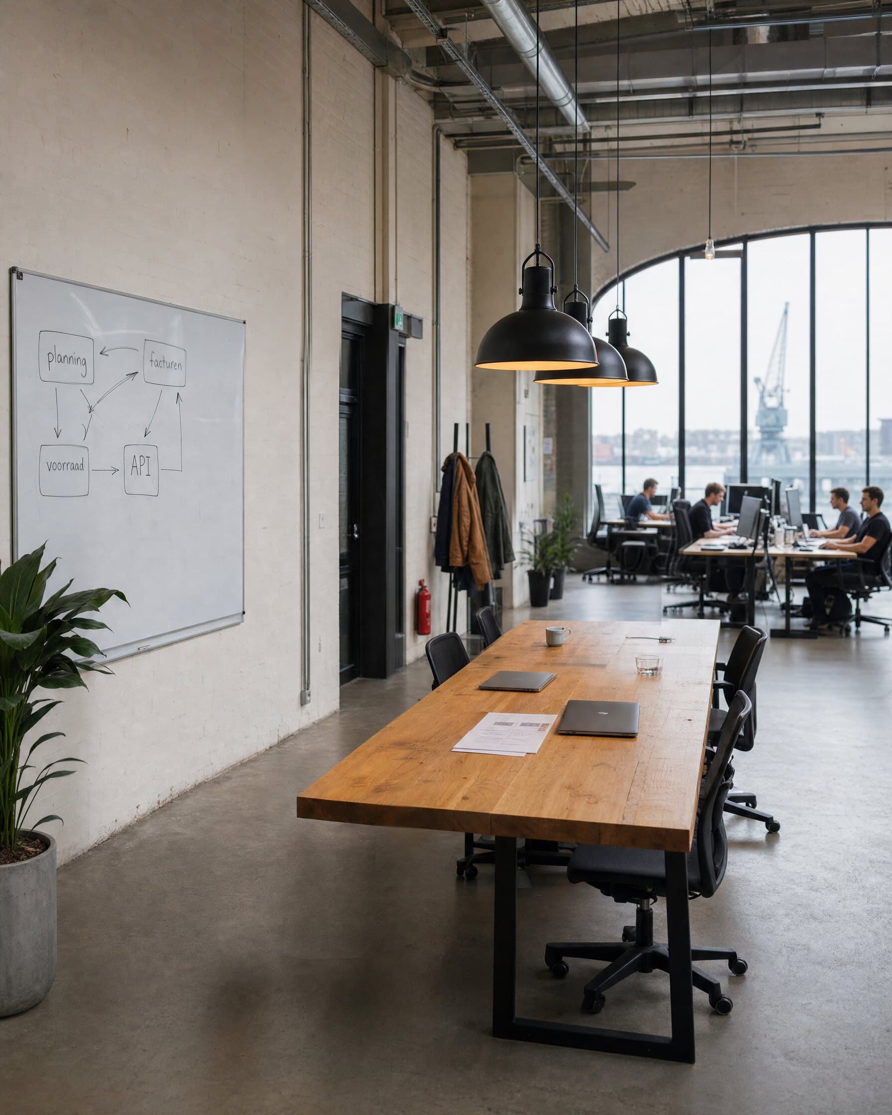 Een studio in een oud havenpand: een whiteboard met een systeemschets, een lange eikenhouten tafel en collega's die aan bureaus werken met uitzicht op de Maas.